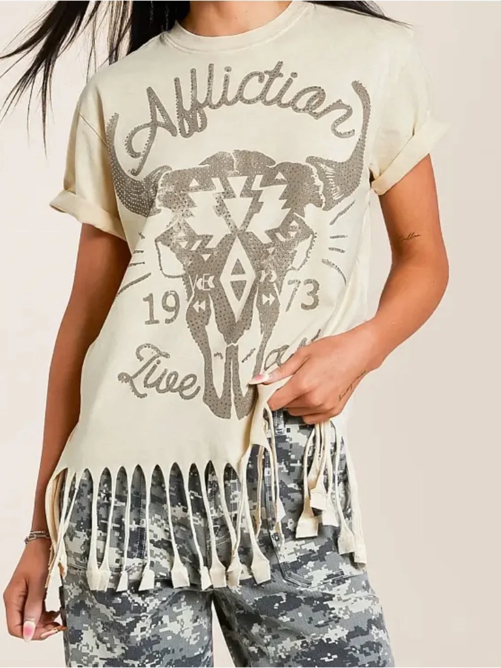 Affliction Sequin Phoenix Fringe T-Shirt Boho Festival Women’s L - Picture 1 of 4